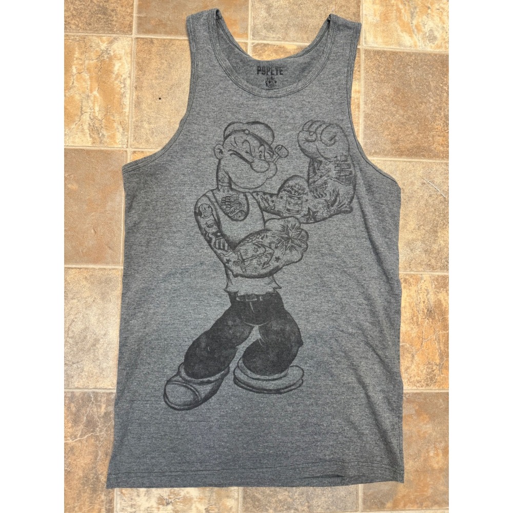 Popeye the Sailor Man Mens Graphic Tank Heather Gray Muscle Shirt Large Print